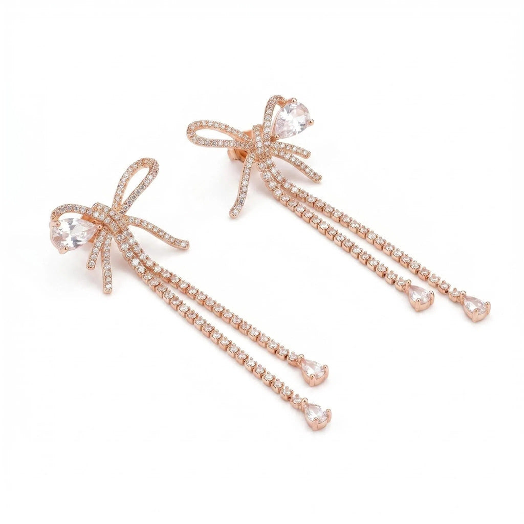Rose Gold Bow Tassel Earrings – Cubic Zirconia Dangle Drop Earrings for Women