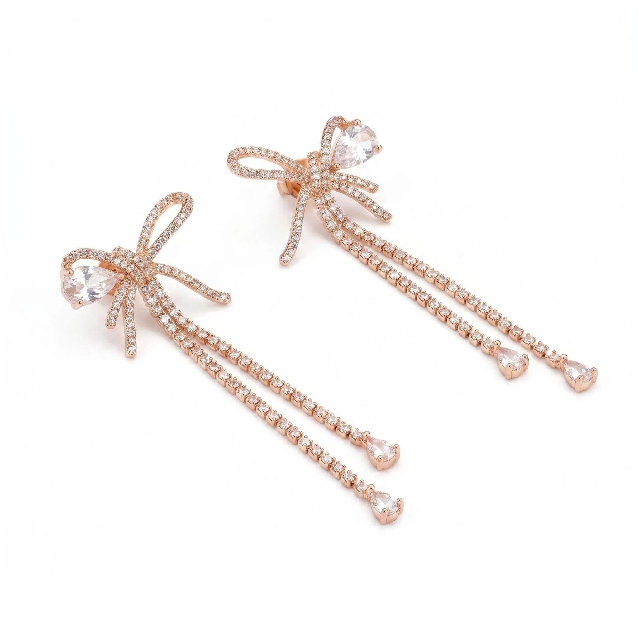 Rose Gold Bow Tassel Earrings – Cubic Zirconia Dangle Drop Earrings for Women