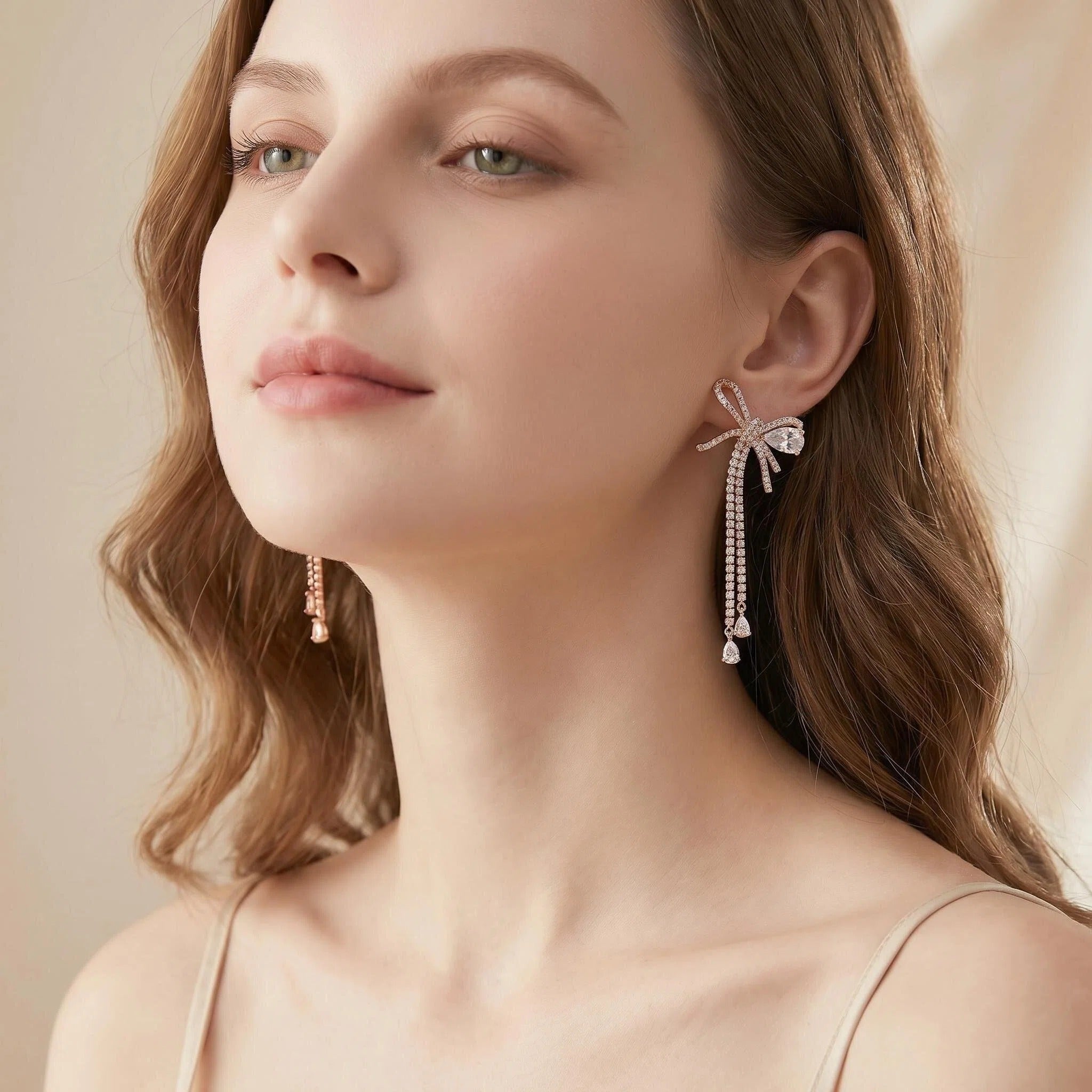 Rose Gold Bow Tassel Earrings – Cubic Zirconia Dangle Drop Earrings for Women