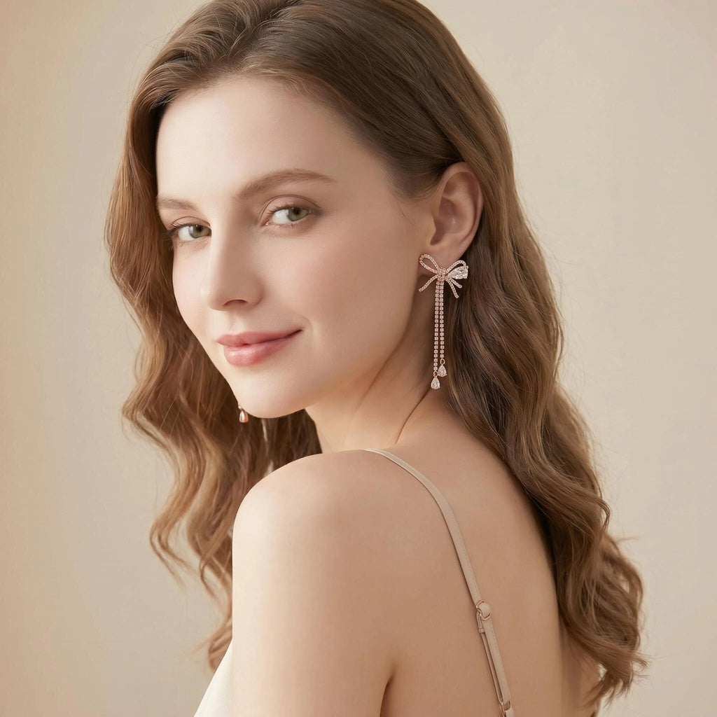 Rose Gold Bow Tassel Earrings – Cubic Zirconia Dangle Drop Earrings for Women