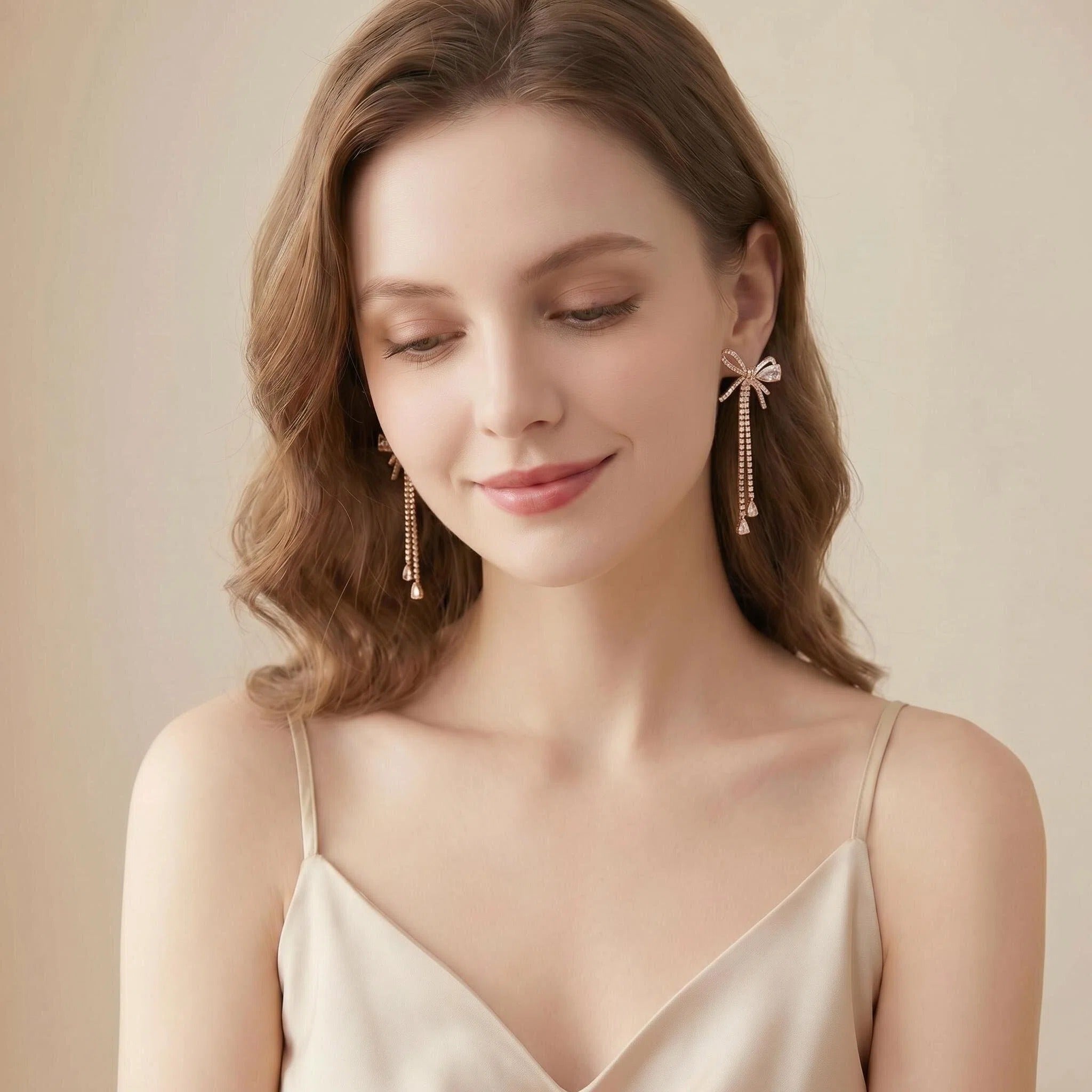 Rose Gold Bow Tassel Earrings – Cubic Zirconia Dangle Drop Earrings for Women